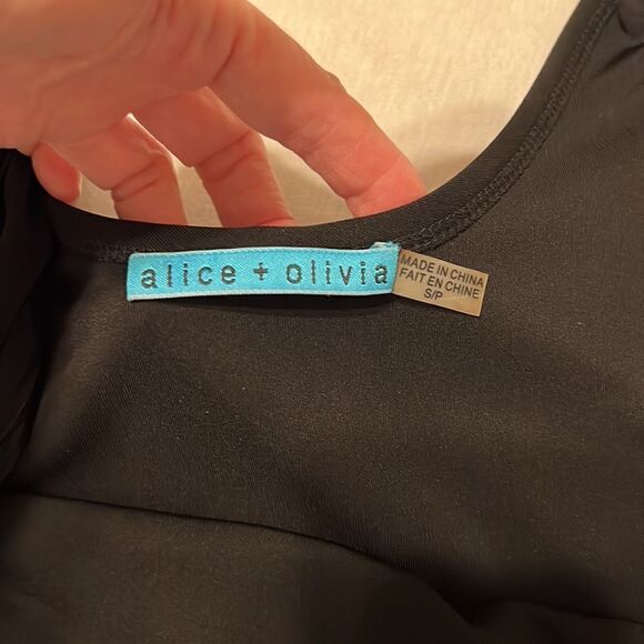 Alice+Olivia szS blk mini dress w/overlay & coin beads on shoulders & one side - Picture 3 of 10